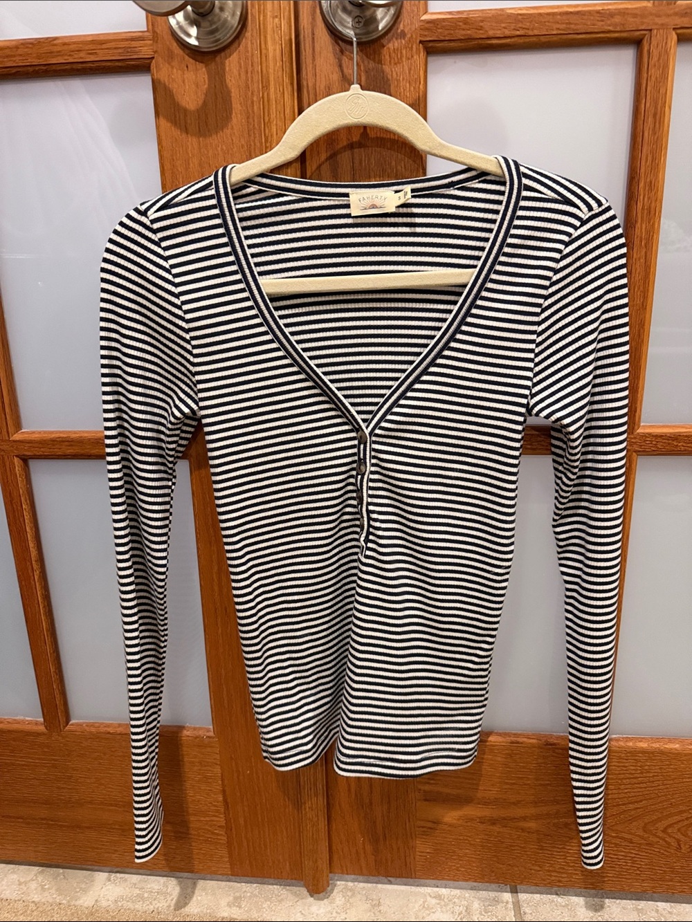 Faherty Navy & White Striped V-Neck Long Sleeve Henley